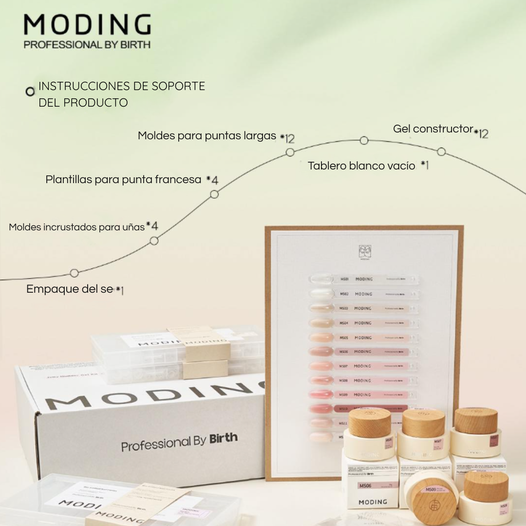 “Set Profesional MODING sin HEMA ni TPO – 12 Geles Constructores + Moldes + tablero de Muestras”